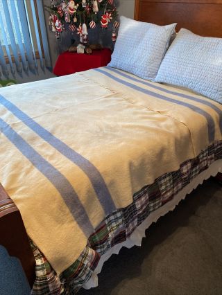 Vintage Kenwood Wool Blanket,  Cream With Blue Strips.  Made In Canada