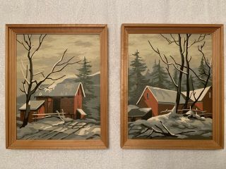 Set Of Two Completed Framed Paint By Numbers Red Barns Winter Vintage Pbn.  Snow