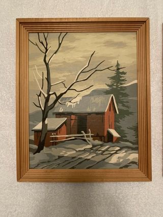 Set of two completed framed paint by numbers red barns winter Vintage PBN.  Snow 2