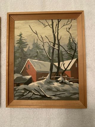 Set of two completed framed paint by numbers red barns winter Vintage PBN.  Snow 3