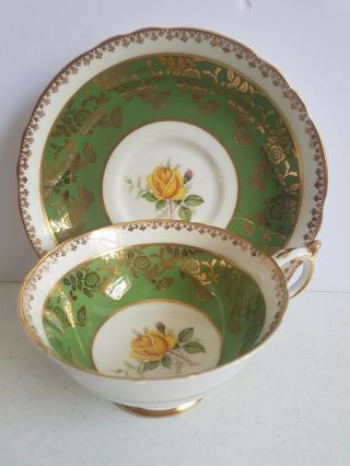 Paragon Green Tea Cup And Saucer With Yellow Rose 3871 Vintage