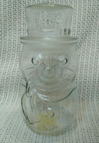 7) Vtg Libby Of Canada Clear Glass Snowman Jar With Top Hat 7.  5 " Tall.