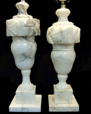 Pair Vintage Tall Neoclassical Carved Alabaster Italian Marble Urn Table Lamps