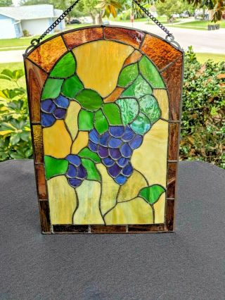 Lovely Hand Crafted Vintage Stain Glass Grape Suncatcher 13 1/2 " X 9 1/2 "