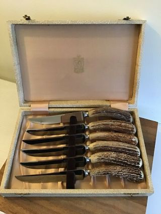 Vintage Kirk & Matz Set 6 Steak Knives English Sheffield Stag Handles