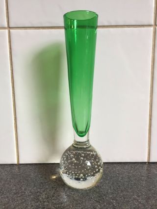 Vintage Green Art Glass Controlled Bubble Bud Specimen Vase 20cm High Clear Base