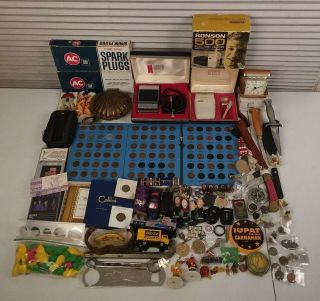 Junk Drawer Vintage Razors Spark Plugs Knives Wheat Pennies Coins Rocks Pins