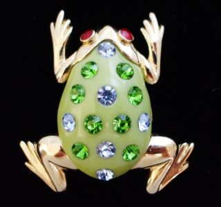 Adorable Vintage Jelly Belly Frog Pin Brooch W/blue & Green Rhinestones Red Eyes