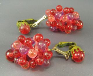 Austrian Vintage Brass Clip On Earrings Pink & Red Grape Cluster Dangle Plastic