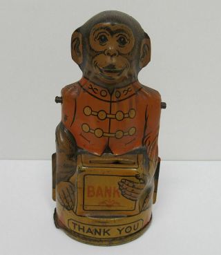 Vintage J Chien Tin Mechanical Tipping Hat Organ Grinder Monkey Coin Bank Yz5591