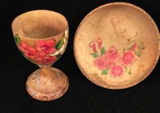 Vintage Lath Turned Hand Painted Wooden Wood Egg Cup And Bowl