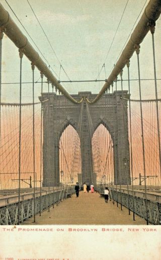 Vintage Postcard Nyc The Promenade On Brooklyn Bridge People Walking C1905