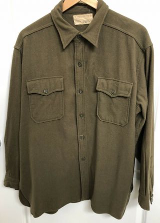 Vintage Wwii Us Navy - Issue Wool Military Green Over Shirt,  Men’s Large 18 X 35