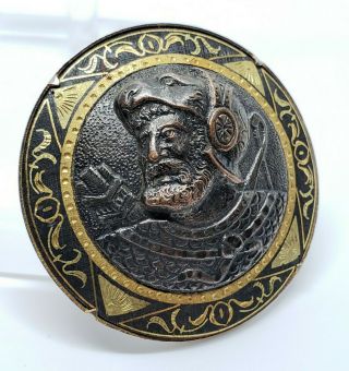 Gorgeous Vintage Damascene Brass High Relief Spanish Conquistador Archer Brooch 3