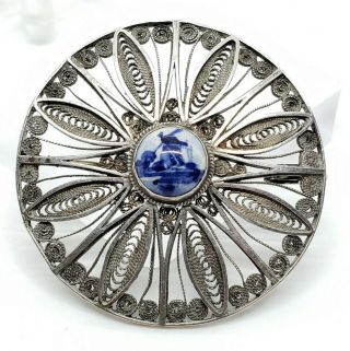 Vintage Art Nouveau Sterling Silver Filigree Delft Porcelain Cab Flower Brooch