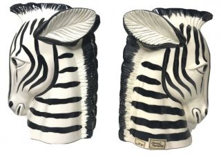 FF Fitz & Floyd Japan Glazed Ceramic Bookends Zebra Heads Pair Vintage 2
