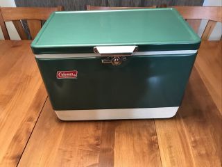 Vintage 1980 Small Green Coleman Cooler With Plastic Storage Tray.