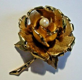 Vintage Signed Boucher Gold Tone Rose Pin W Faux Pearl Center