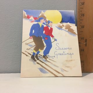 Vtg Christmas Card Man Woman Skiers Big Sun Colorful Print