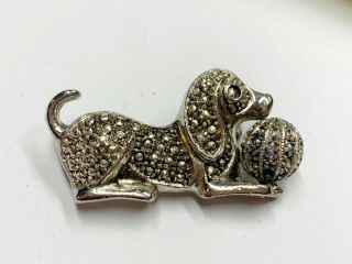 Vintage Victorian Style Dog And Ball Marcasite Ladies Silver Metal Pin Brooch