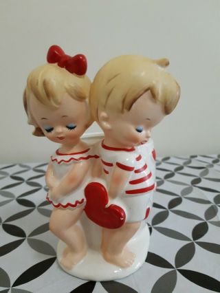 Vtg Lefton Boy Girl Couple Valentine Day Red Heart Love Planter Japan 2772 6.  5 "