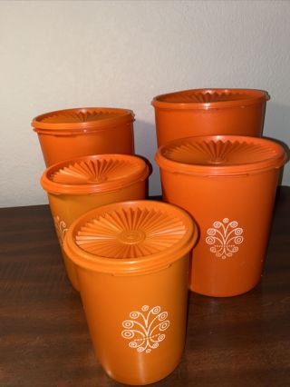 Set Of 5 Vintage Tupperware Orange Servalier Canisters W Lids