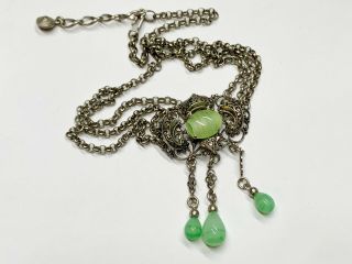 Vintage Art Nouveau Silver Metal Jade Green Glass Pendant Drop Ladies Necklace