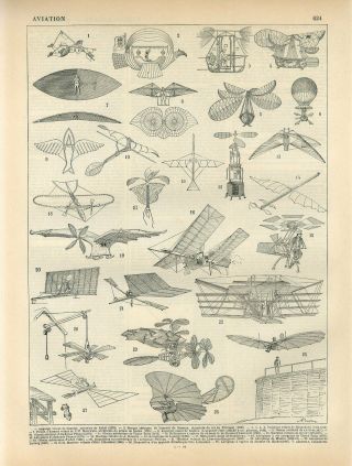 1897 Old Airships Flying Machines Airplane Antique Lithographic Print Larousse