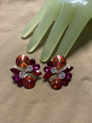 Vintage 1 1/2” Goldtone Multi Pink Rhinestone Cluster Clip On Earrings - Za