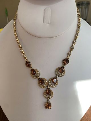 Vintage Bogoff Necklace Brown And Clear Rhinestones.