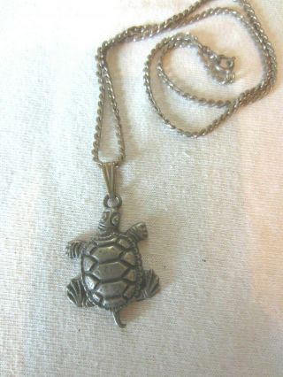 Vtg Full Body Sea Turtle Usa Cast Pewter Pendant On Chain Necklace
