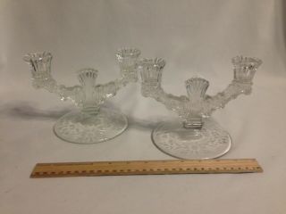 Vintage Double Candle Crystal Glass Candelabras 5 " Tall 7 " Wide Each