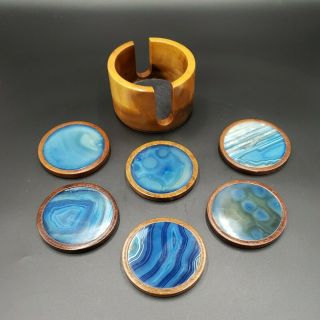 Vintage Wood And Blue Agate Geode Stone Coaster Set Of 6 Coasters With Holder