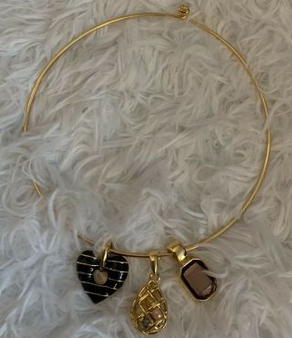 Vintage Signed Joan Rivers Gold Tone Hard Wire & Cream Charms Jewel Heart Pearl