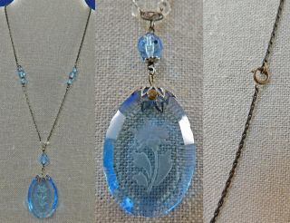 Vintage Art Nouveau Bohemian Czech Glass Etched Flower Blue Pendant Necklace
