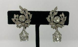 Signed Vintage Crown Trifari Rhinestone Drop Clip Earrings