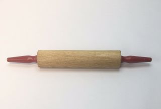 Vintage Wooden Wood Rolling Pin 18” Red Handle Kitchen Farmhouse Rustic