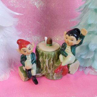 Vintage Pixie Elves Salt And Pepper Shakers And Sugar Dish