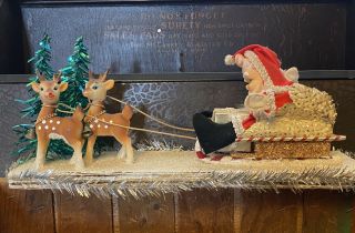 Vtg 1950s Santa W Sleigh And 2 Rubber Reindeer Foil Trees Adorable Retro Kitsch