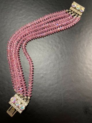 Vintage Bracelet 7.  5” Pink Crystal Beads Rhinestone Clasp Lot1