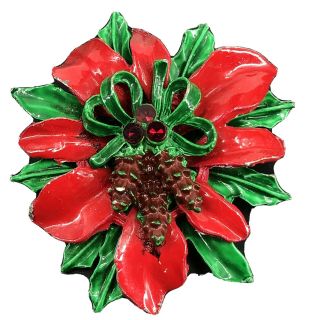 Vintage Rhinestone Red Enamel Poinsettia Christmas Brooch Pin Gold 2 "