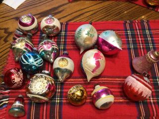 16 Vintage Hand Painted Glass Christmas Ornaments,  Germany Usa Shiny Indent,  Bell