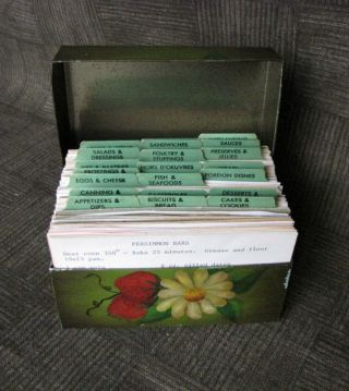 Vintage - Handwritten,  Typed & Clipped Recipes In A Tole Painted Recipe Box