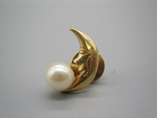 Vintage Pearl Man In The Moon 14k Gold Brooch Pin.  5 " 2.  5g