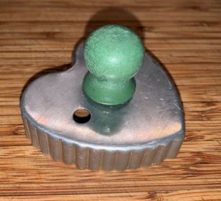 Vintage Aluminum Metal Heart Cookie Cutter Green Wooden Handle Crimped Edge