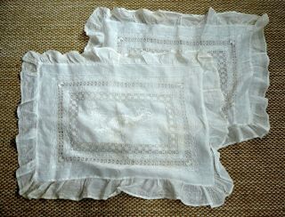 Vintage Set Of 2 White Ruffled Pillow Shams Covers Intricate Design.