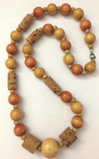 Vintage Wooden Beaded Necklace Light Wood & Orange Wood Cork Beads Necklace