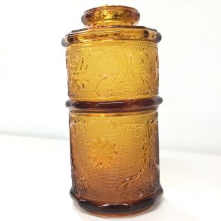 2 X Vintage Daisy Pattern Amber Glass Stacker Canisters/cookie Jars 452