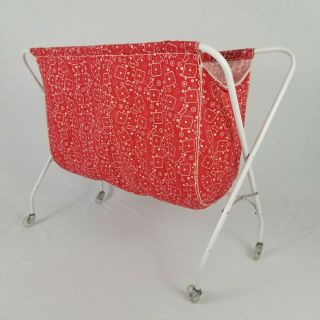 Vintage Rolling Laundry Basket Cart Clothes Hamper 3 Bin Folding Mid - Century