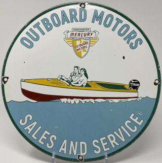 Vintage Mercury Outboard Motors Porcelain Sign Sales & Service Lund Fishing Boat